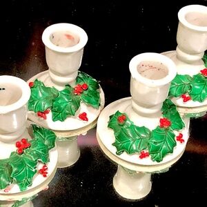 Lot of 4 Vintage White Glazed Ceramic Short Taper Candle Holders~Christmas Holly